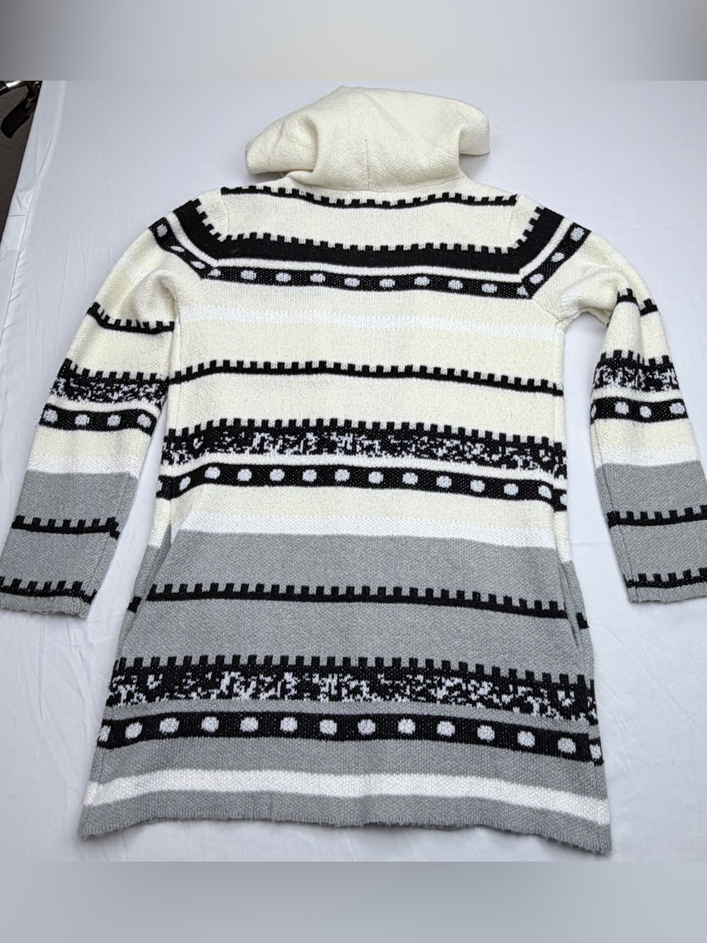 Hooded Open-Front Long Cardigan Sweater - Cream, Gray & Black - Picture 3 of 10